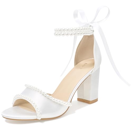 Image of Perphy Pearl Lace Up Block Heel Satin Sandals for Women White 6 UK/Label Size 8 US