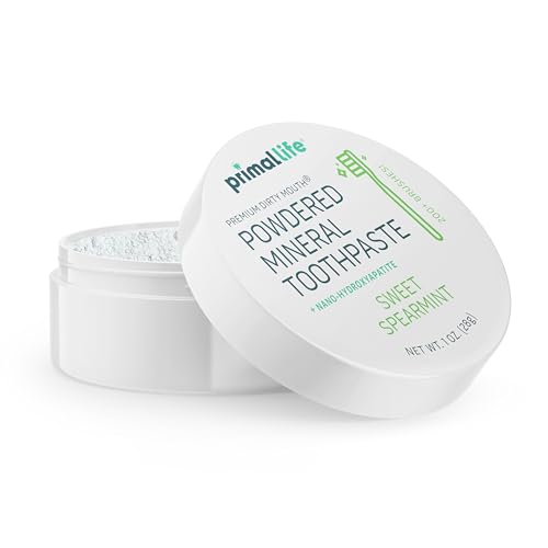 Image of Primal Life Organics - Dirty Mouth Toothpowder, Tooth Cleaning Powder, Flavored Essential Oils with Natural Kaolin & Bentonite Clay, Good for 200+ Brushings, Organic, Vegan (Sweet Spearmint, 1 oz)