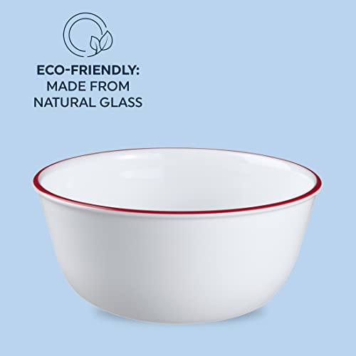 Corelle Vitrelle Glass 6-PC Bowls Set, For Soup Cereal & Dessert, Chip-Resistant & Lightweight Bowl Dinnerware Set, Red Banded 28 OZ