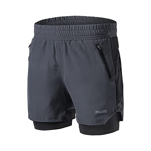 ARSUXEO Herren Laufshorts 2 in 1 Laufen Shorts Aktiv Turnhose mit 2 Reißverschlusstaschen B191 dunkelgrau M Cover