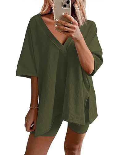 Image of Ekouaer Womens Pajamas 2 Piece Lounge Sets Oversized V Neck T-Shirts Tops Biker Shorts Set Workout Reversible Tracksuit S-XXL