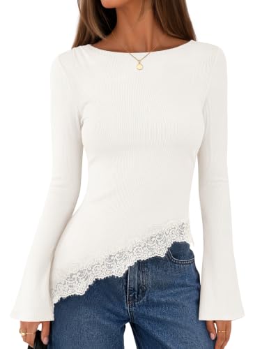 MEROKEETY Women's Asymmetrical Lace Boat Neck Long Sleeve Tops, White, M