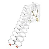 12ft Wall-Mounted Attic Ladder, Pull Down System, Folding Aluminum Ladder, Stairs for Attics, Garages, Roofs, Basements (White)
