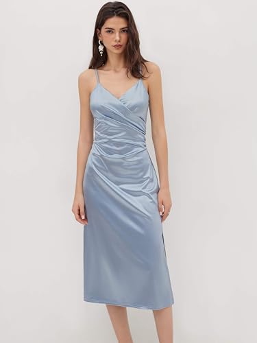 Image of CIDER Womens Satin Dress Sleeveless Spaghetti Strap V Neck Ruched Side Slit Semi Formal Party Club Dresses