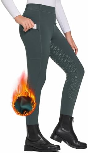FitsT4 Kids’ Winter Fleece Lined Riding Breeches Girls Silicone Full Seat Equestrian Pants Schooling Tights with Pockets