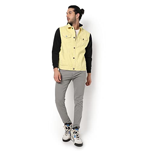 Image of Campus Sutra Men's Light-Washed Yellow & Black Regular Fit Denim Jacket For Winter Wear | Hooded Collar | Full Sleeve | Buttoned | Casual Denim Jacket For Man | Western Stylish Denim Jacket For Men