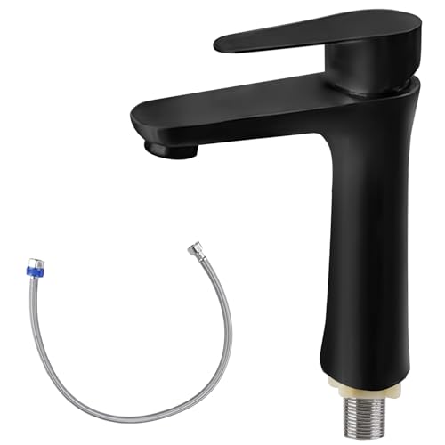 Kaltwasserhahn aus Edelstahl, Kaltwasserarmatur mit 80cm Anschlussschlauch, Wasserhahn Bad Waschtischarmatur Kaltwasser Gäste WC Einhebelarmatur für Badezimmer Gäste WC, Schwarz