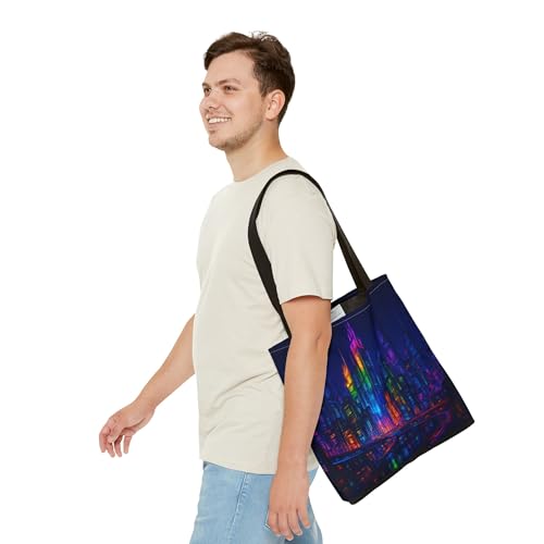 Premium Tote Bag with Reinforced Stitching - A Futuristic Rainbow Cyberpunk Skyline3