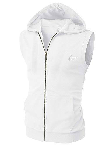 Paizh Men's Sleeveless Workout Hoodie Zip-Up Vests Gym Bodybuilding Lifting Tank Tops (L, White) #TOP29