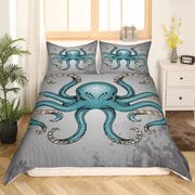 Juego de ropa de cama con diseño de pulpo azul, juego de cama de animales marinos, funda de edredón de estilo grunge gris, funda de edredón de microfibra ultra suave con 2 fundas de almohada, 3 piezas