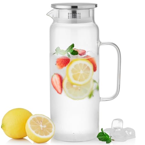 MESNEY 1580ml Glass Juice Jugs with Lid for Fridge, Heat Resistant Borosilicate Glass Water Jug for Hot and Cold Beverages, Water Carafe for Fridge, Ideal for Iced Tea, Coffee, Juice
