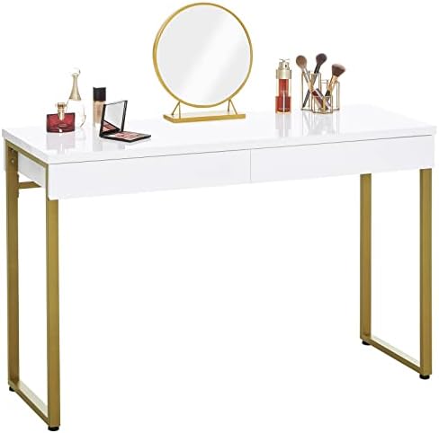 GreenForest Vanity Desk with 2 Drawers Glossy White Makeup Table 47 inch Modern Home Office Computer Desk Dressing Console Table with Metal Gold Legs for Bedroom,Without Mirror