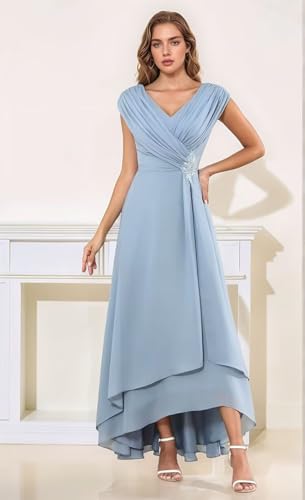 Chiffon Mother of The Bride Dresses Long 2025 Lace V Neck Ruffle Formal Evening Party Gowns for Women2