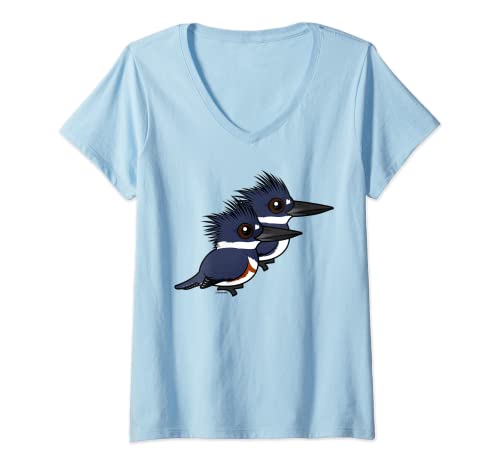 Womens Cute Cartoon Belted Kingfisher Pair Birdorable V-Neck T-Shirt