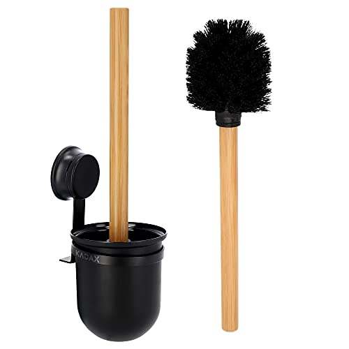 Brosse de Toilette KADAX en Acier Enduit de Poudre, Brosse de Toilette avec Ventouse Confortable, Brosse avec Manche en Bambou, Brosse de Toilette à Ventouse, Brosse de Toilette avec Support