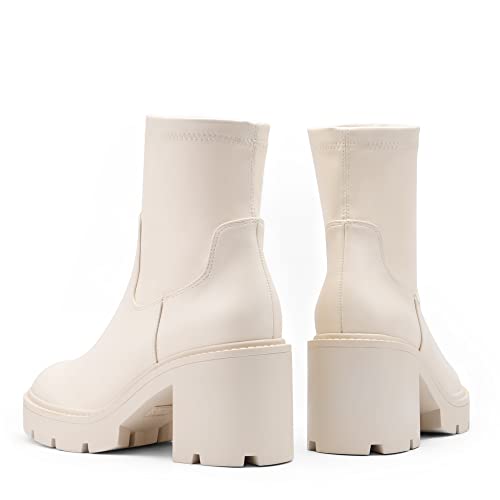 DREAM PAIRS Women's Sdab2212w Chelsea Platform Boots Elastic Chunky Heel Lug Sole Ankle Booties Shoes, Size 9, Beige/White Pu