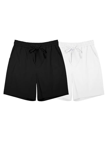 Image of RQP Mens Cotton Linen Shorts Casual Drawstring 7inch Inseam Shorts Stretch Summer Beach Wear