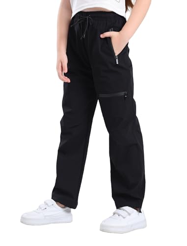 Ahaolaiyi Girls Pants Cargo Joggers Teen Athletic Quick Dry Lightweight Drawstring Zip Pockets High Waisted 6-14Y Black 130CM