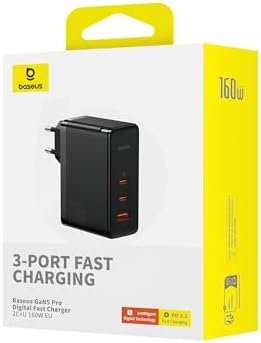 Baseus USB-C Ładowarka 160W, 3-portowa PD3.1 PPS, szybka ładowarka z technologią GaN, adapter kompatybilna z MacBook Pro/Air, iPhone 15/14/13, iPad Pro, Samsung S23, SteamDeck. 2*USB-C + 1*USB-A