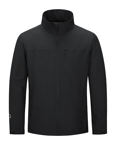 Outdoor Ventures Mens Lightweight Jacket Waterproof Softshell Jackets with Velvet Lined Stand Collar Windbreaker for Hiking Running Cycling Golf Black 2XL