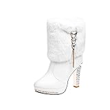 Women's Winter Fur Warm Plush Ankle Boots,Fashion Rhinestones Deco Side Zipper Non-Slip Warm Closure Chunky High Heel Snow Boots (White,9)