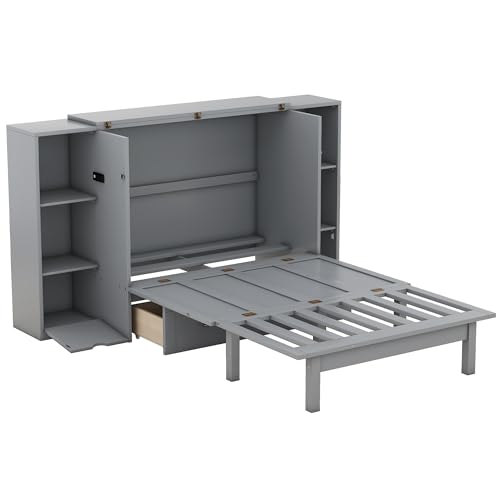 Queen Murphy Bed with Storage Bookcase Shelves,Drawers and Charging Station,Wood White Folding Murphy Chest Bed Cabinet for Adults,Grey