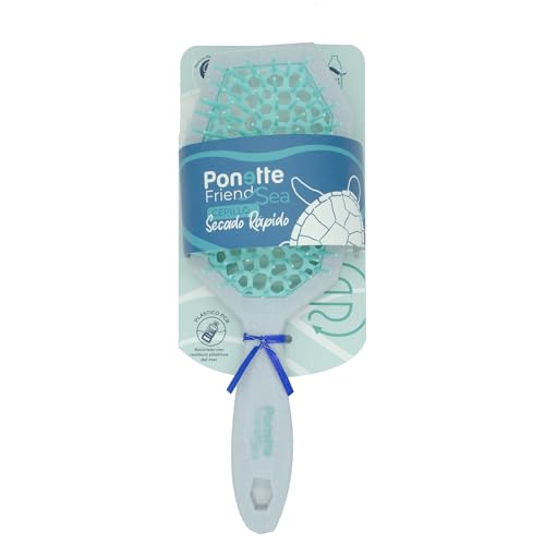 PONETTE FRIENDSEA - Escova desembaraçadora antipuxões secagem rápida azul e turquesa, de plástico reciclado de resíduos do mar, perfurada para secagem rápida, reciclagem e reciclável, marca espanhola