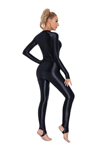Yaaapiy Damen Glänzend Overalls Ganzkörper Anzug Body Einteiler Bodysuit Jumpsuit Glossy Glatt Strupmhose Leggings Unterwäsche (Schwarz, M)