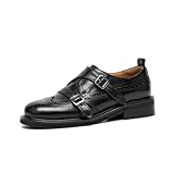 BEAU TODAY Women's Leather Loafers, Monk Strap Loafers Women, Dressy Round Toe Loafer Flats, Comfortable Business Casual Brogue Shoes Black US 6.5