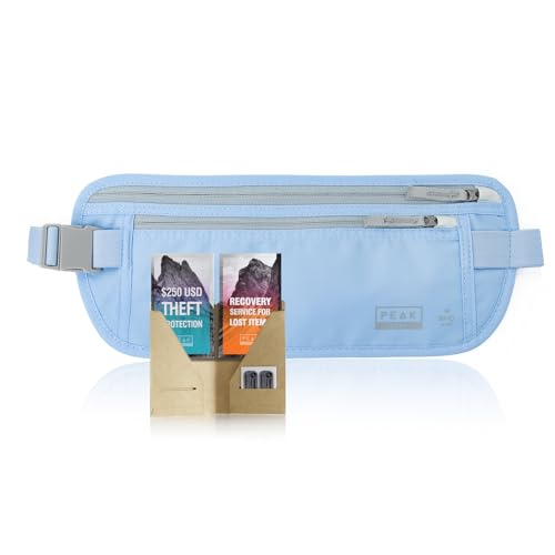 Peak Gear Travel Money Belt. Premium Quality Travel Wallet with RFID Blocking Fabric to Protect Credit Cards, Passports and Documents. Exclusive Theft Protection and 2 Recovery Tags | Blue