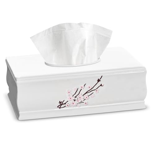 Creative Scents Vanda Rectangle Tissue Box Cover - Decorative Cherry Blossom Tissue Holder for Bathroom - White Tissue Box Holder Rectangular with Durable Bottom Slider - White Bathroom Accessories