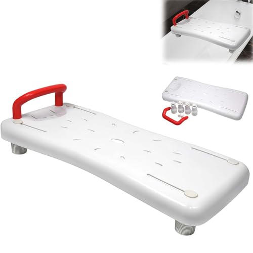 Asiento de baño ajustable para personas mayores, 70 cm de largo con mango rojo y jabonera, máximo 150 kg, material de polipropileno duradero para seguridad en la bañera