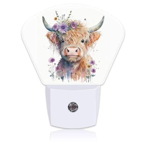 Image of Uiaoiais Watercolor Highland Cow Night Light, Purple Flowers Nightlight Plug into Wall with Dusk to Dawn Sensor for Kid Girls Boys Women Men Bedroom, Hallway, Kitchen, Bathroom, Stairs Decor