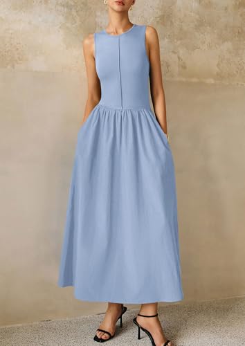 Image of PRETTYGARDEN Maxi Dresses for Women 2026 Summer Casual Sleeveless Patchwork Flowy Vacation Sundress Knit Long Work Tank Dress
