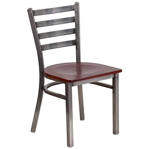 Image of Flash Furniture 2 Pk. HERCULES Series Clear Coated Ladder Back Metal Restaurant Chair - Mahogany Wood Seat