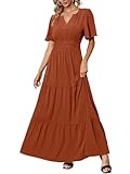 Amegoya Women's Summer Boho Maxi Dresses Casual V Neck Short Sleeve A-line Empire Waist Long Flowy Beach Dress (Orange L)