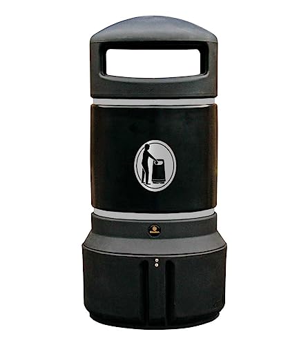 Glasdon Papelera Mini Plaza® (3 Colores) con Bolsa Metálica de 63 litros – Papelera de Calle Duradera con Kit de Fijación al Pavimento y Sistema de Cierre sin Llave (Negro)