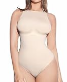 Picture of FeelinGirl Women's Seamless Shapewear Tummy Control Thong Bodysuit Crew Neck Racerback Tank Top Body Shaper Going Out Beige