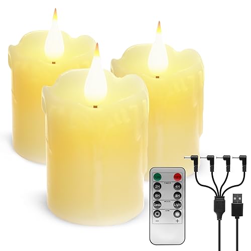 3 Rechargeable LED Candle Lights,ALED LIGHT USB Charging Flickering Candle Lamp Kit,Real Wax Flameless Tea Candles Warm White Night Light,10-key Remote Adjustable&Timer for Church,Wedding,Indoor Decor