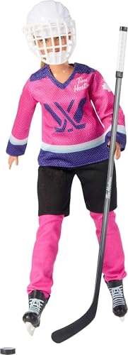 Barbie Tim Hortons PWHL 2025 Fashion Doll in Pink, Purple, & Teal Hockey Jersey, Includes Hockey Stick, Puck, and Helmet