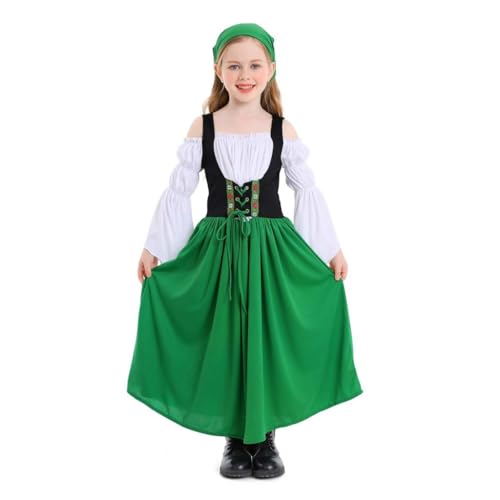 Lito Angels Deguisement Robe Costume Oktoberfest Bavarois Dirndl avec Foulard pour Enfant Fille Taille 12-13 ans, Vert