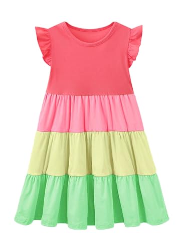 Image of HILEELANG Girls Cotton Tiered Dress Flutter Ruffle Sleeve Summer Swing Sundress Birthday Party Casual Outfit Colorblock 2-12Y