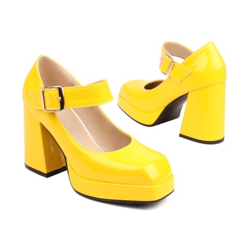 Women's Square Toe Buckle Strap High Heeled Platform Pumps Chunky Heels Faux Leather Mary Jane Style Pumps Shoes2