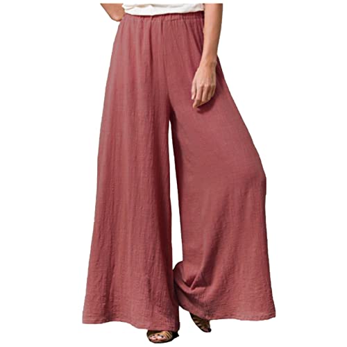 Linen Wide Leg Pants for Women Casual Summer Elastic High Waisted Flowy Beach Pants Loose Lounge Trousers Plus Size Wide Leg Cropped Pants for Women Red S