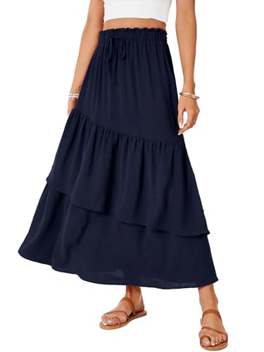 Vrtige Women's Summer Elastic High Waist A Line Flowy Asymmetrical Ruffle Maxi Long Skirts3