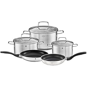 RÖSLE Basic Line Starter-Set 5-TLG., 3 Universaltöpfe, 2 Bratpfannen, Edelstahl 18/10, mit Glasdeckel und Schüttrand, induktionsgeeignet, spülmaschinengeeignet, Silber