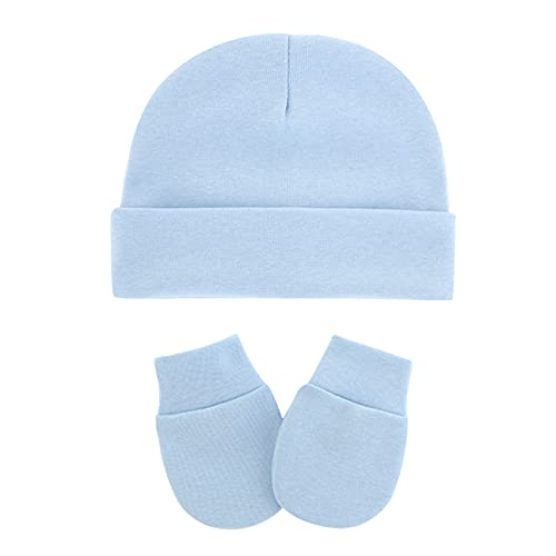 Durio Newborn Baby Hats Mittens Set Soft Cotton Baby Beanie Cute Preemie Hats Baby Boy New Born Infant Hat For Boy Girls White&Light Blue&Navy 0-6 Months #TOP4