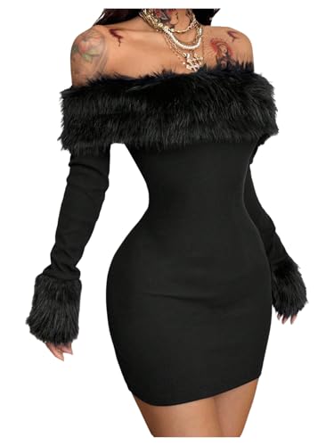 winkbay Women's Faux Fur Off The Shoulder Mini Dress Y2k