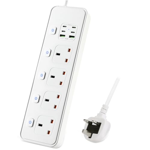 Extension Lead with USB Slots, 4 Way Sockets Outlets with 4 USB-C Ports and 2 USB Ports, 3250W Individual Switches 1.8M Extension Cable with Protected Power Strips, UK Multi Plug Adapter
