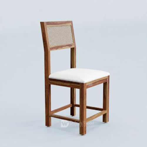 Image of DRIFTINGWOOD Amber Solid Sheesham Wood 6 Seater Dining Table Set with Rattan Back Chairs | White Rexine Upholstered Seating for Home & Dining Room (Natural Finish, DIY)